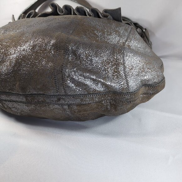 7 For All Mankind Leather Purse Shoulder Bag Silver Distressed Studded Hobo Flap - Picture 7 of 16